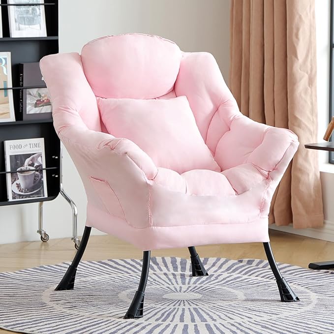 Lazy Chair for Living Room, Large Pink Lounge Accent Chair with a Throw Pillow, Leisure Sofa Chair Set, Comfy Reading Chair for Bedroom, Dorm Room, Office