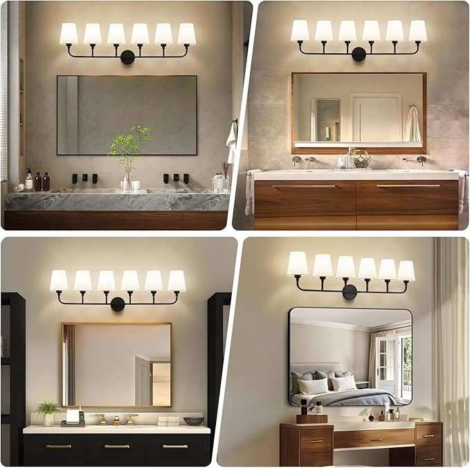 Kvhilw Bathroom Vanity Light, Matte Black Bathroom Light Fixtures, 6-Light Lighting Fixtures Over Miror, Modern Wall Sconce with Flared White Fabric Shade, E26 Socket(ETL Listed)