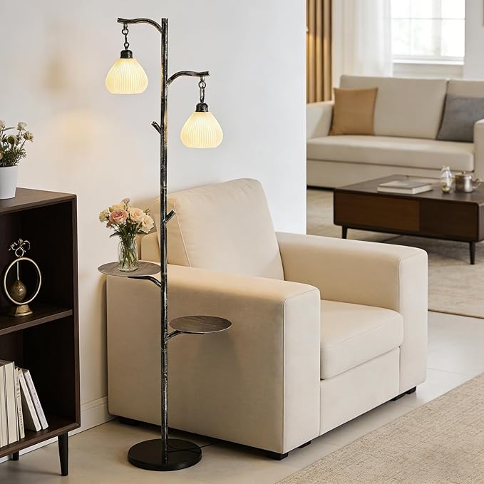 beaysyty Rustic Farmhouse Style Floor Lamp with Tray,Dimmable Floor Lamps, Custom Color Temperature Standing Lamp for Living Room and Bedroom, Painted Silver Gray
