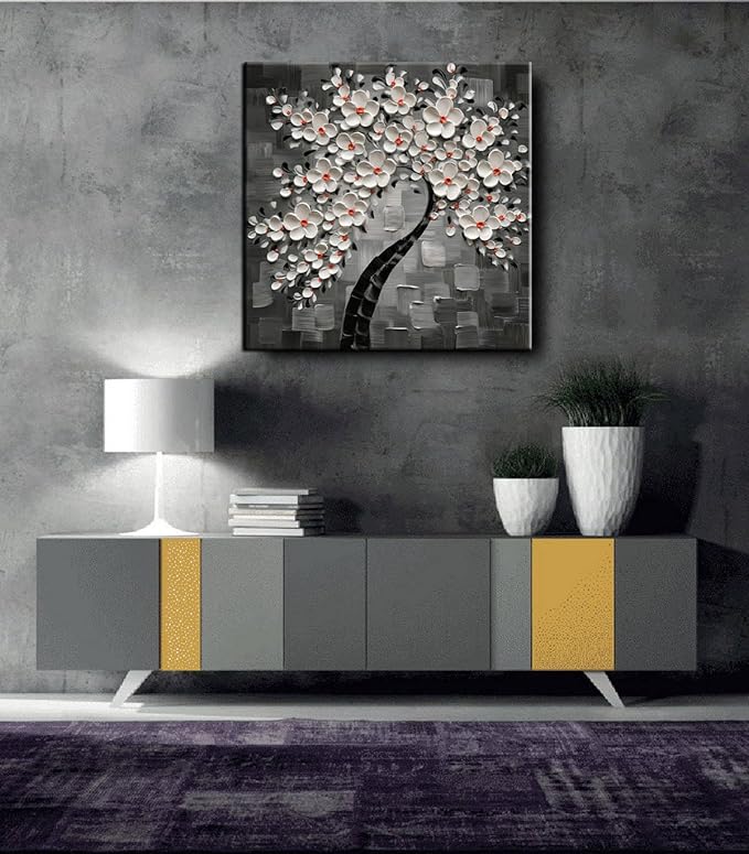 YaSheng Art- 3D White Flowers Oil Paintings on Canvas Thick Texture Black and White Canvas Wall Art HandPainted Abstract Artwork Home Decorations Modern bedroom Dining Room Wall Art Ready to Hang 24x24inch
