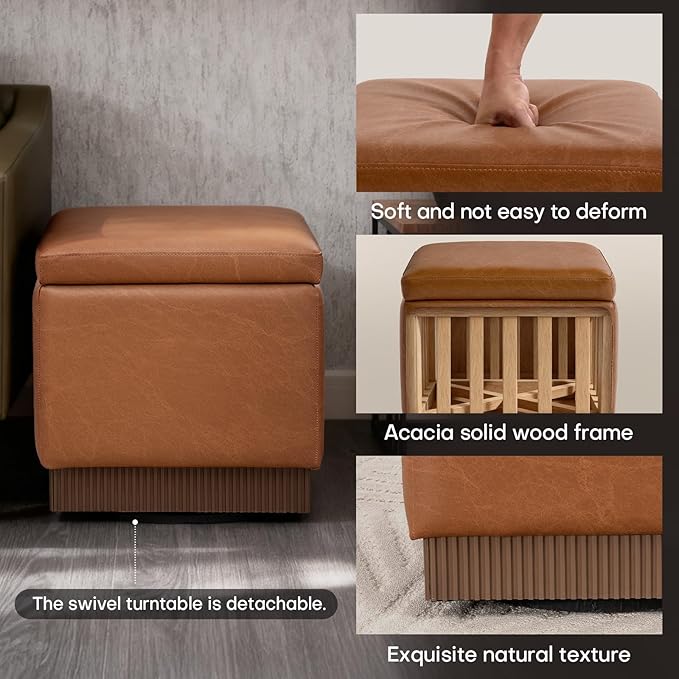Swivel Storage Ottoman with Hidden Compartment, Square Faux Leather Footstool, Solid Acacia Wood Frame, 500 lbs Capacity, No Assembly Required, for Living Room & Bedroom