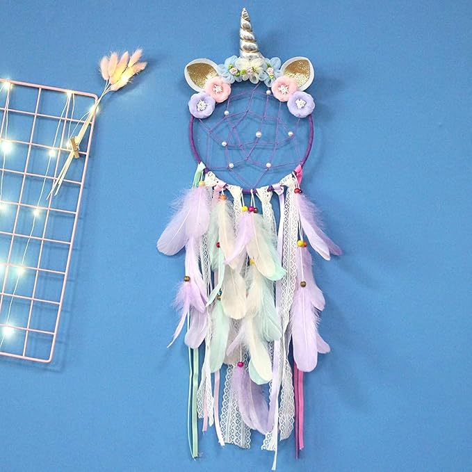LED Lighted Up Unicorn Dream Catcher Wall Decor Colorful Feather Dreamcather Wall Hanging for Girls Kids Bedroom Decoration (Purple with Light)