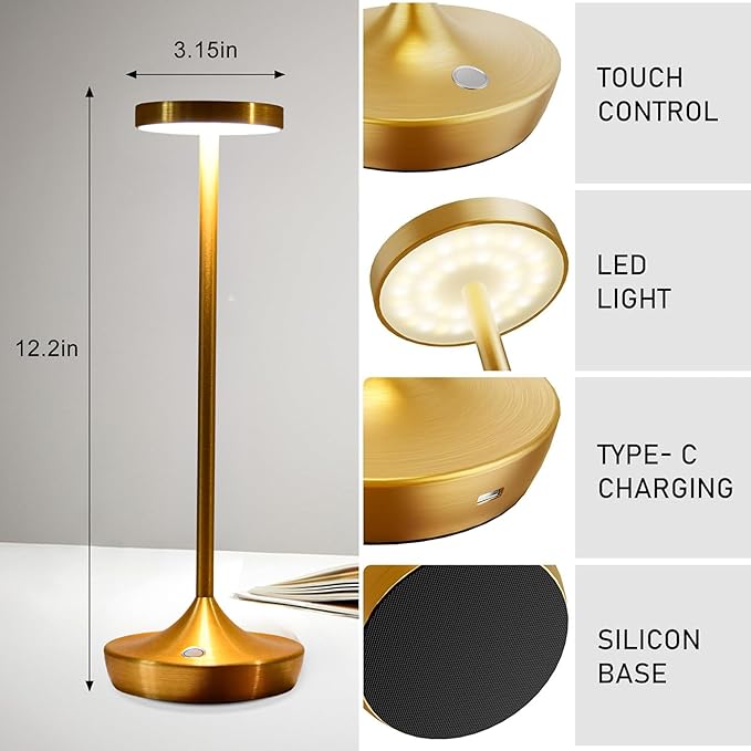 Rechargeable Table Lamp Cordless - 6000mAh Battery Operated LED Table Light - Portable Touch Dimmable Outdoor Waterproof Table Lamps for Patio Restaurant Dining (Gold)