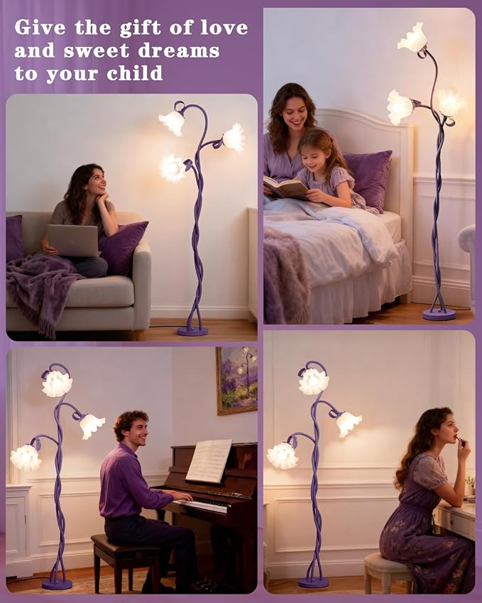 Flower Floor Lamp for Bedroom - 3 Color Temperatures Decorative Flower Tall Standing Lamp for Reading with Flexible Neck for Bedroom Living Room Office Corner (Purple)
