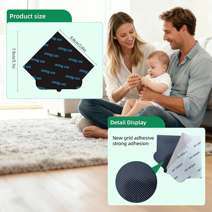16 PCS Non Slip Rug Pads, Carpet Tape and Rug Tape for Hardwood Floors, Extra Thick and Double Sided Adhesive to Secure Area Rugs on Tile and Laminate, No Residue