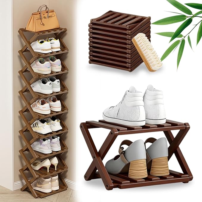 DDRIC 9-Tier No-Assembly Bamboo Rack, 2026 Upgraded Foldable Corner Shoe Rack, Space-Saving Organizer for Shoes, No-Tool Narrow Shelf for Entryway Closet Dorm (Brown,2-Tier)