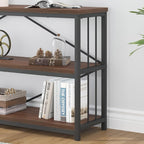 IBF Walnut Low Wide Bookcase, Vintage 63 Inch Long 3 Tier Open Book Shelf, Farmhouse Big Wood Metal Sturdy Bookshelf Display Case, Simple Large Etagere Bookshelves for Home Living Room Office Bedroom