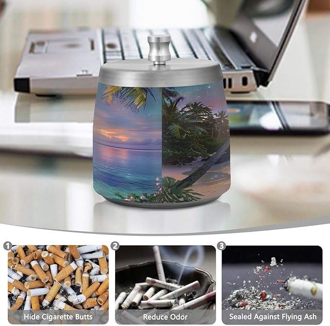 Dreamy Hawaiian Beach Ashtray with Lid, Outdoor Ashtrays for Patio, Stainless Steel Ashtray Odorless Smokeless for Home Office Balcony