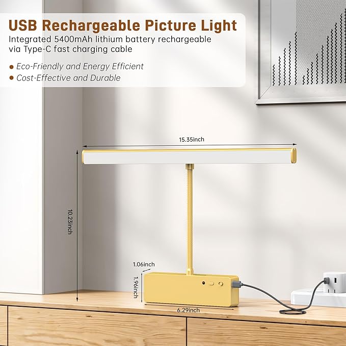 Picture Light, 15.35inch Wireless Picture Lights for Wall Rechargeable, 5400mAh Battery Wall Light with Remote, 3 Color Art Lighting for Paintings with Timer and Dimmable Artwork Display (Gold-2PCS)