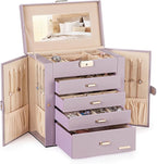 Homde Valentine's Day Gifts Synthetic Leather Huge Jewelry Box Mirrored Watch Organizer Necklace Ring Earring Storage Lockable Gift Case (Grey Purple + Gold)