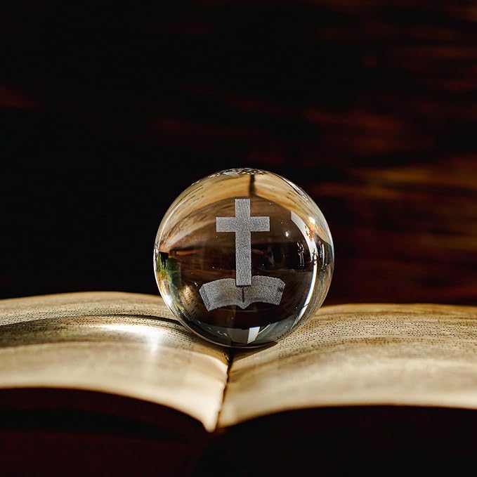 ZEERSHEE 3D Laser Engraved Cross Bible Crystal Ball with Stand Religious Christian Collectible Decoration for Home Office