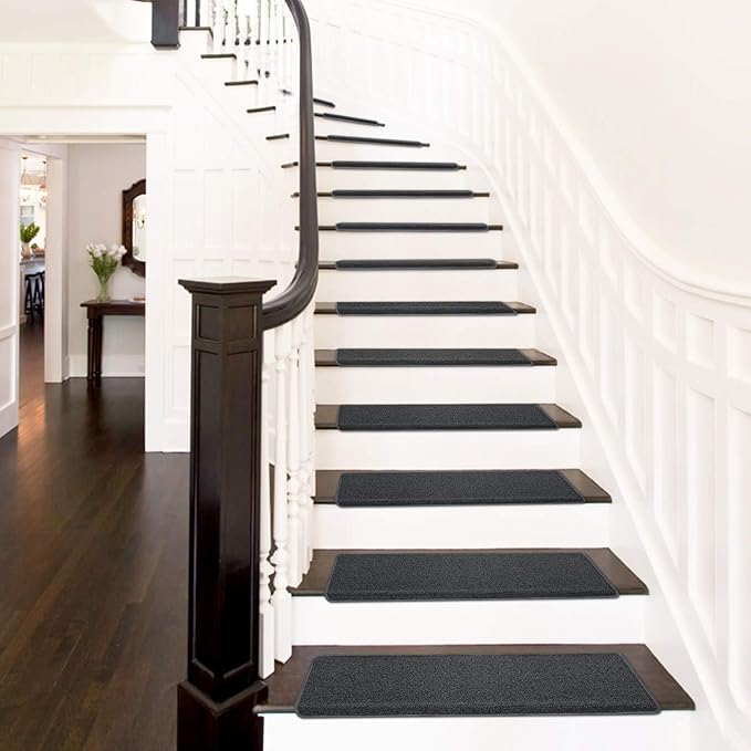 PURE ERA Bullnose Carpet Stair Treads Set Tape Free Non-Slip Indoor Stair Protectors Pet Friendly Rugs Covers Soft Skid Resistant Washable Reusable 9.5" x 30"(2 Pieces,Black)