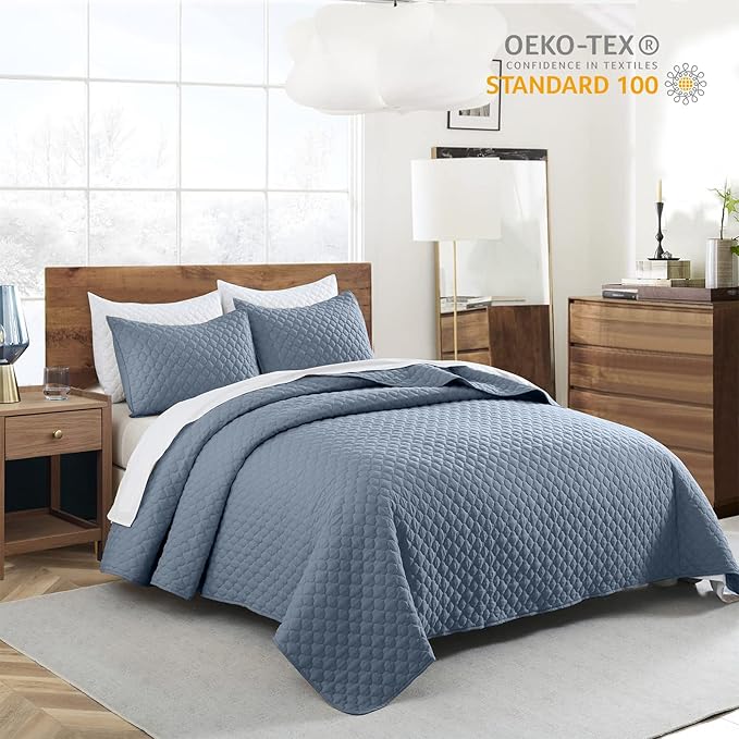 HORIMOTE HOME Quilt King Size Dusty Blue, Lightweight Quilt for Summer Ultra-Soft Microfiber Modern Style Quilted Clouds Pattern Bedspread Quit Set 3 Pieces(1 Quilt and 2 Pillow Shams)