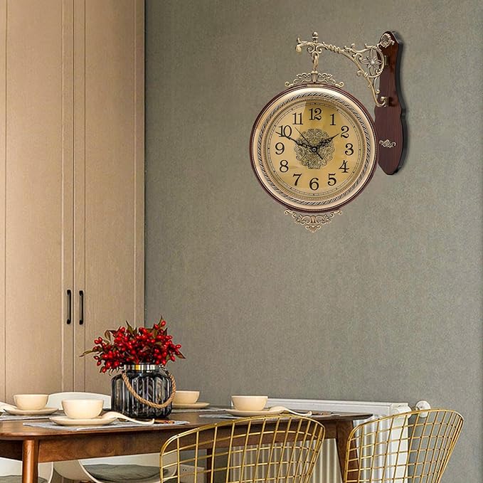 Coffee Double Sided Large Wall Clock, Elegant, Traditional, Vintage Style 360° Rotating Metal Wall Clock, Indoor Outdoor Office Living Room Porch Clock Wall Decor (Coffee Double Sided Clock)