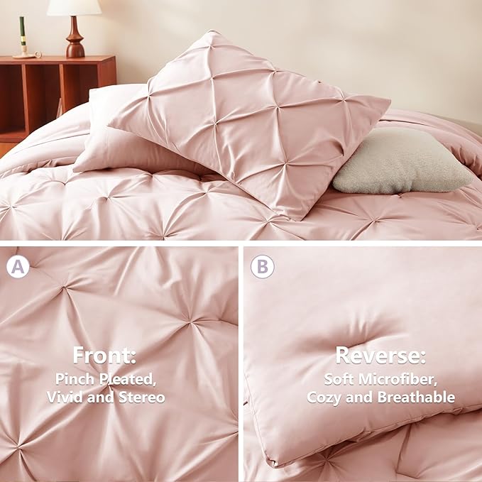 CozyLux Twin XL Comforter Set Blush Pink, 5 Pieces Twin Extra Long Pintuck Bed in A Bag for College Dorm, Pinch Pleat Bedding Set with Comforter, Sheets, Pillowcase & Sham