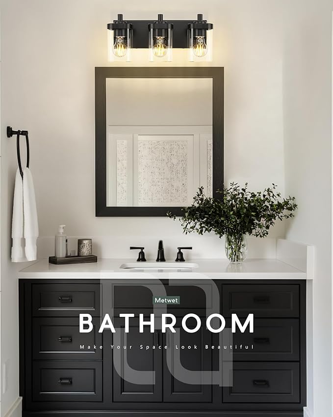 Bathroom Light Fixtures Over Mirror, 3-Light Matte Black Vanity Light with Square Clear Glass Shade, Modern Wall Sconces, Vanity Lighting Fixtures, VL194-MB-3