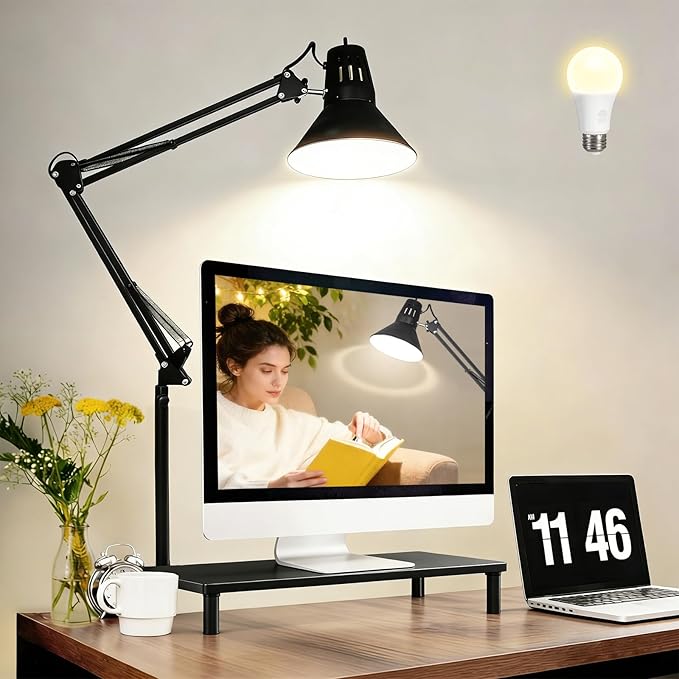 LED Desk Lamp With Clamp for Home Office, Eye-Caring Clip on Light with Adjustable Extra Tall Metal Swing Arm, High Intensity Clamp w/A19 E26 Bulb for Working Reading, 3000k Table Lamps Warm Light