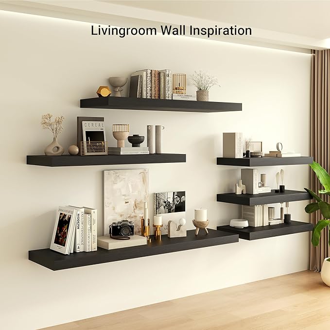 Heimlove 12 Inch Deep Floating Shelves, 55 x 12 inches Long Wall Shelf, Large Extra Display Shelf & Storage Shelf, Rustic Wood Wall Shelves for Fireplace Mantel, Set of 1(Black)