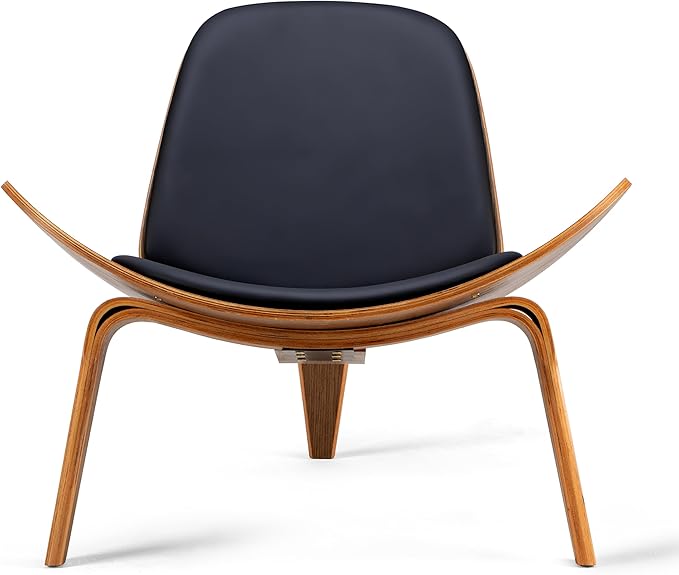 Hans Wegner Style Three-Legged Shell Chair Ash Plywood Accent Chair with Black Faux Leather Upholstery Living Room Furniture Mid-Century Modern Shell Chair - Walnut Wood - Black
