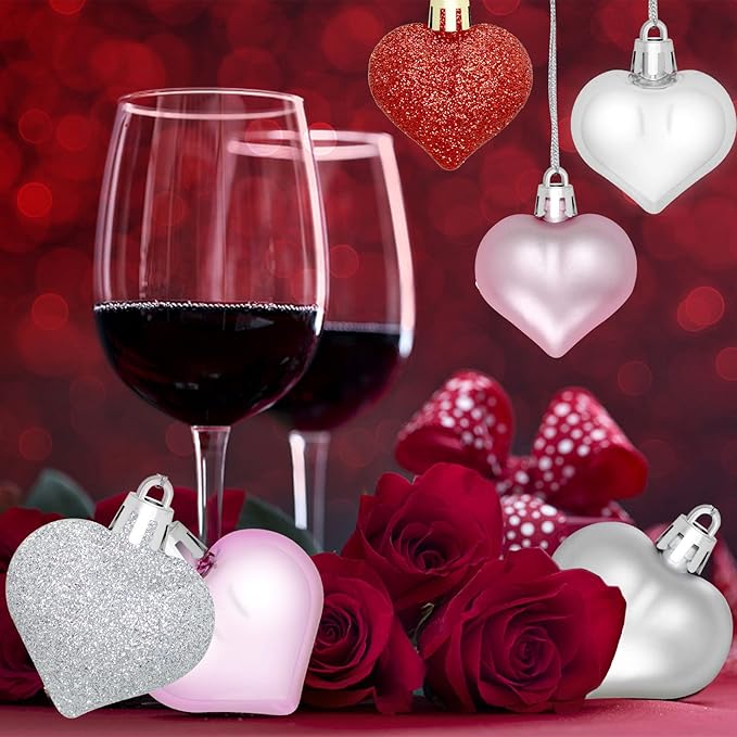 48 Pieces Valentine's Day Heart Baubles Ornaments Valentine's Day Heart Shaped Ornaments for Valentine's Day Decoration or Wedding Anniversary Party Supplies, 4 Colors in 3 Styles