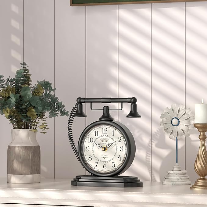 Vintage Table Clock, Desk and Shelf Decor Clock, Black Antique Telephone Style Mantel Clocks, for Living Room, Farmhouse, Bedroom, Bedside, Gift (7.3" H x 7.3" W)