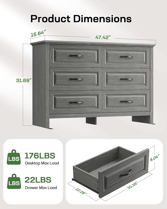 Marsail Farmhouse 6 Drawer Dresser, Wood Chest of Drawers with Natural Texture, Smooth Gliding Drawers, Versatile Storage Organizer Cabinet for Bedroom & Living Room, Grey