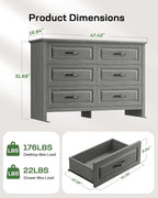Marsail Farmhouse 6 Drawer Dresser, Wood Chest of Drawers with Natural Texture, Smooth Gliding Drawers, Versatile Storage Organizer Cabinet for Bedroom & Living Room, Grey