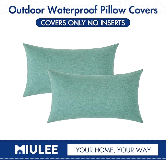 MIULEE Pack of 2 Decorative Outdoor Solid Waterproof Throw Pillow Covers Spring Faux Linen Garden Farmhouse Cushion Cases for Summer Patio Tent Balcony Couch Sofa 20x12 Inch Teal