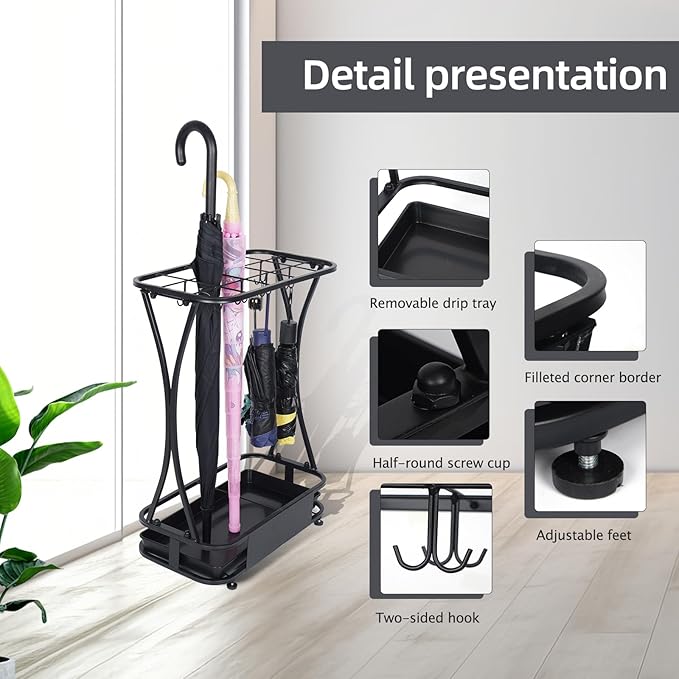 Umbrella Stand Rack with 15 slots Umbrella Holder for Entryway Umbrella Holder with Removable Drip Tray, Medium Black