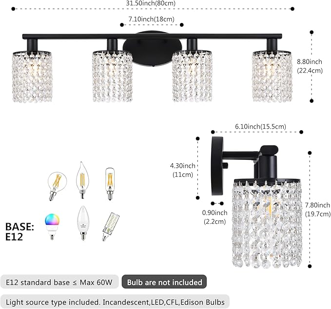 Black Vanity Light 4-Light Crystal Bathroom Light Fixtures,Modern Bahtroom Lights Over Mirror,Vanity Lights for Bathroom