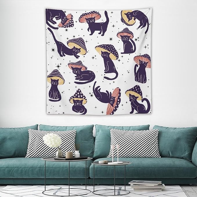 VUMIVI Funny Cat Mushroom Tapestry Retro 70s Hippie Style Cute Black Kitten Star Aesthetic Art Print Tapestry Wall Hanging for Living Room Bedroom Dorm Classroom Aesthetic Decor W60xL60in