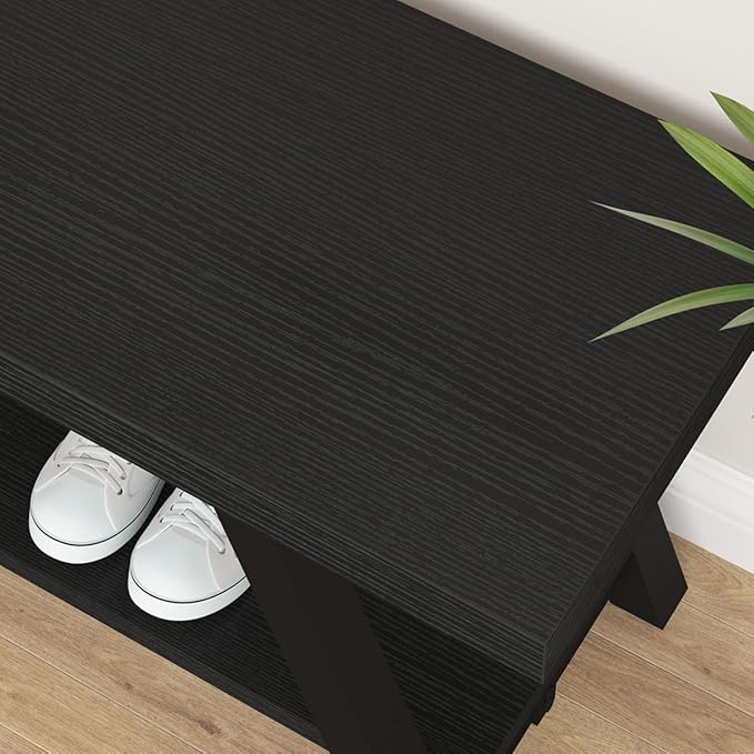 LVB Black Bench, Modern Storage Bench for Bedroom, Wood Metal Entryway Bench for Hallway Dining Living Room, Famrhouse Shoe Rack Indoor Accent Seating Benchs for Foyer Entrance, Black Oak 47 Inch Long