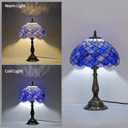 Tiffany Style Table Lamp Vintage Stained Glass Desk Lamp Deep Blue Purple Fish Scales Bedside Reading Light Decor Bedroom Living Room Home Office D12 xH18