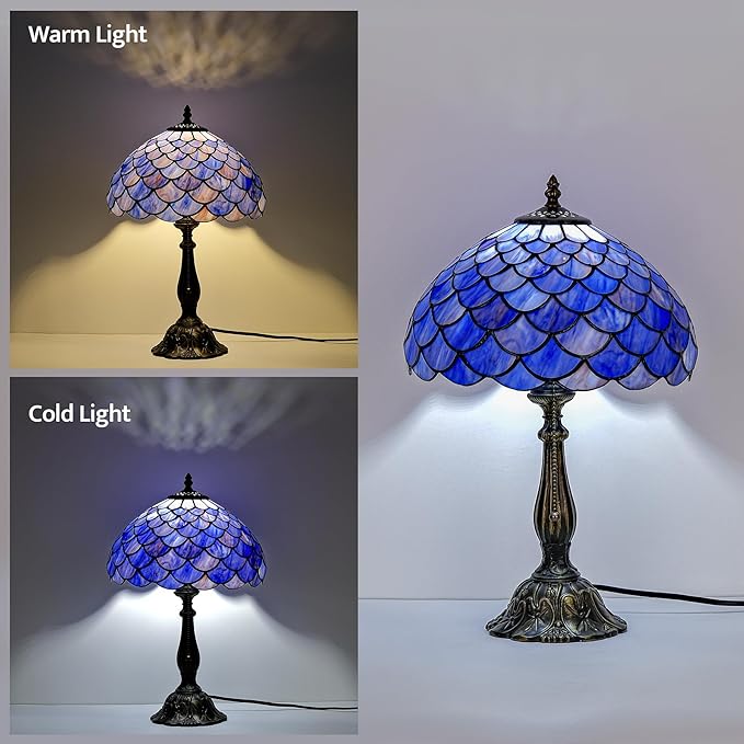 Tiffany Style Table Lamp Vintage Stained Glass Desk Lamp Deep Blue Purple Fish Scales Bedside Reading Light Decor Bedroom Living Room Home Office D12 xH18