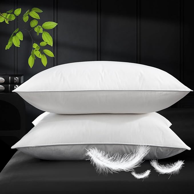 Ivellow White Goose Feather Pillows Queen Size Set of 2 Hotel Down Bed Pillows for Sleeping Soft 600TC 100% Cotton Cover Medium Firm Cloud Soft Breathable Fluffy Pillow for Back Side Stomach Sleepers