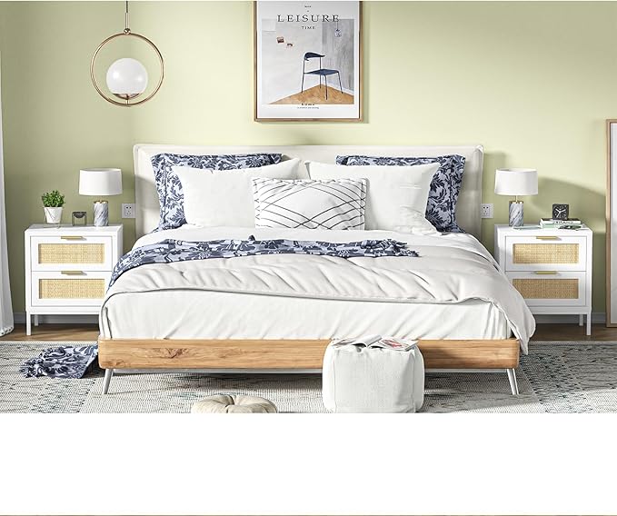 Giluta White nightstands Set of 2, Farmhouse Rattan Night Stand with 2 Drawers, 2 Rattan Drawers, Boho Bedside Table End Table for Small Space, Bedroom