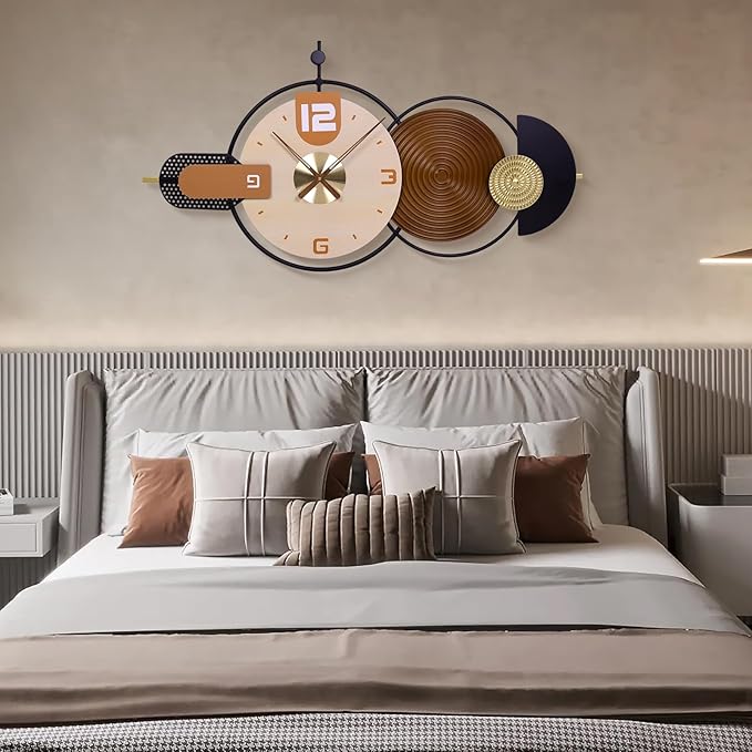 38x20 Inch Large Modern Wall Clock for Living Room - Metal & Wood Combination, Silent Non-Ticking Battery Operated Decorative Clock for Home, Bedroom, Kitchen, Office