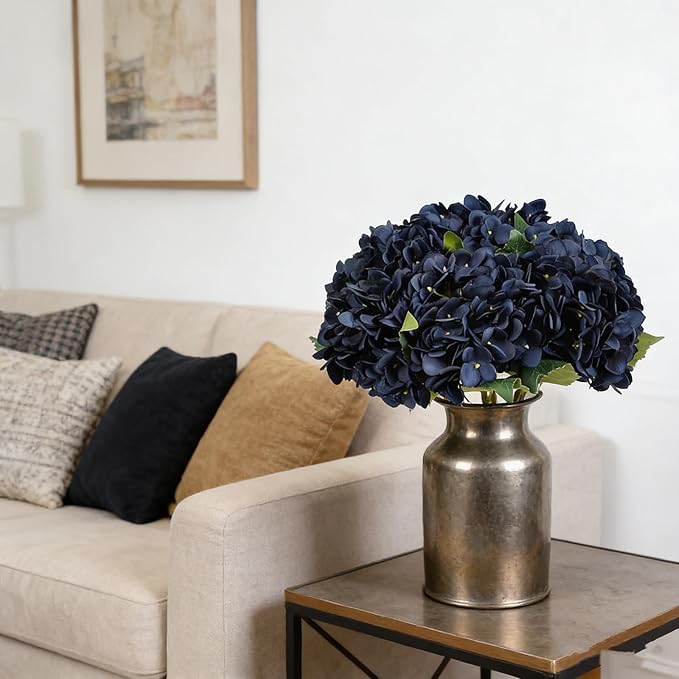 Kimura's Cabin 6pcs Navy Blue Artificial Silk Hydrangea Flowers Fake Hydrangeas with Stems Hydrangeas Bouquet for Wedding Home Halloween Party DIY Dining Table Decoration（Navy Blue）