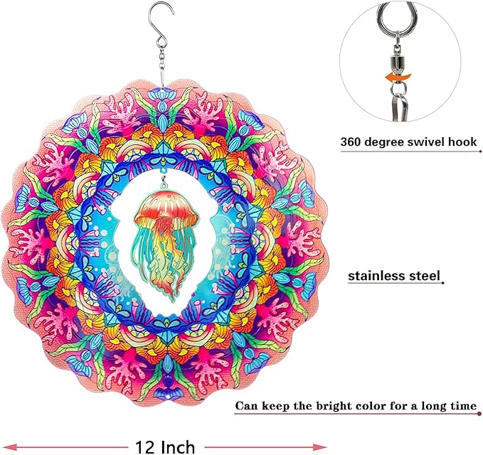 Wind Spinner Outdoor Metal Jellyfish 12inch 3D Stainless Steel Garden Sculpture 3D Wind Spinner Hanging Yard Garden Decor Gifts Indoor/Outdoor Décor