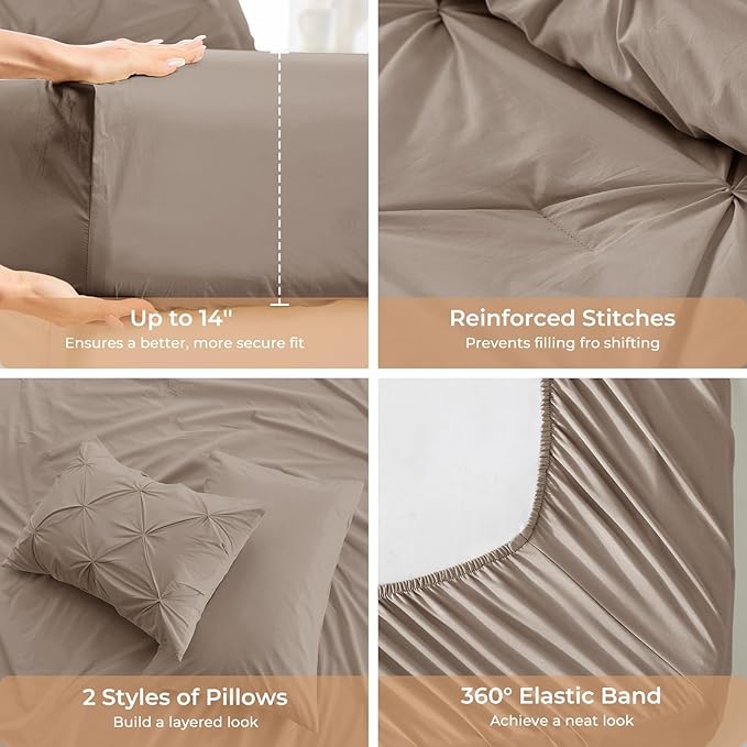 Sasttie California King Comforter Set, 7-Piece Bed in a Bag, Pintuck Bedding Sets for All Season, Includes Comforter, Flat Sheet, Fitted Sheet, Pillowcases and Pillowshams, Dark Linen