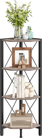 4-Tier Corner Shelf, Corner Bookcase, 43.3" Tall Vertical Display Rack, Plant Stand, Open Storage Shelf, for Living Room, Bedroom, Study, Kitchen, Greige and Black TCJ14BG