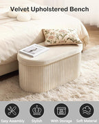 GLAXYFUR Oval Storage Ottoman Bench, Velvet Foot Rest, 30 Inch Folding Chest for Living Room, Bedroom, Beige