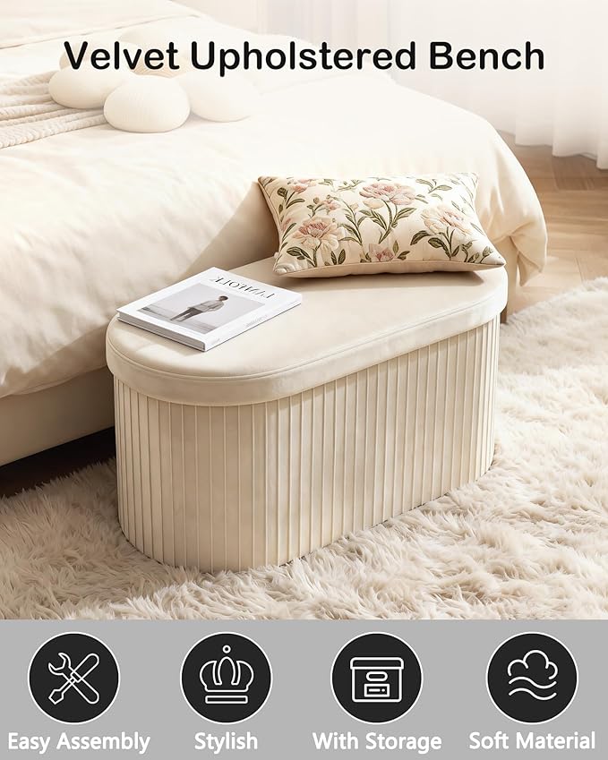 GLAXYFUR Oval Storage Ottoman Bench, Velvet Foot Rest, 30 Inch Folding Chest for Living Room, Bedroom, Beige