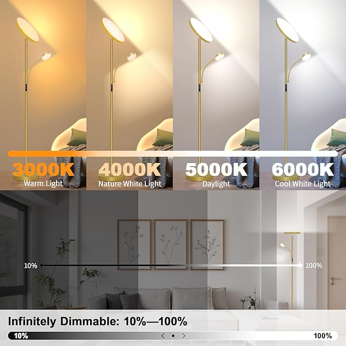Gold Floor Lamps for Living Room,42W/4200LM Super Bright Floor Lamp with Reading Light,69'' Tall Standing Lamp with Remote & Touch Control, Modern Torchiere Floor Lamp for Bedroom,Office