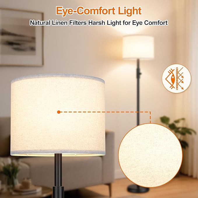 【Upgraded】 Dimmable Floor Lamp for Living Room,1000 Lumens Bulb Included, Modern Floor Lamps Simple Design with Linen Shade, Tall Standing Lamp for Bedroom Office Dining Room, Black Pole Lamp