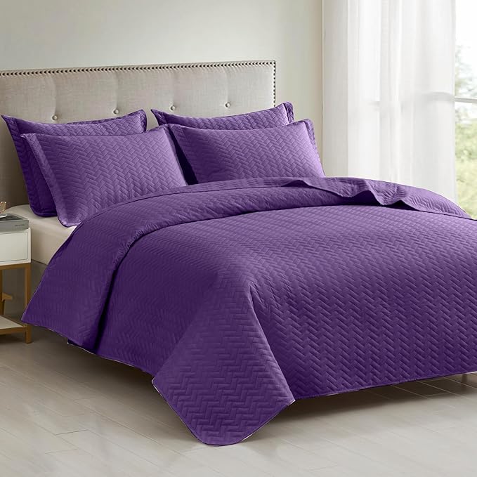 Maple&Stone Quilt Set Twin Size, Purple Lightweight Bedspread Ultrasonic Chevron Pattern Light Coverlet for All Season Comforter Bedding Decor - 2 Piece Twin Bed Cover Sets