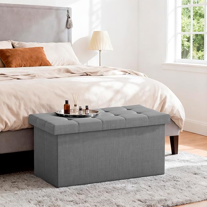 FDW 30 Inches Folding Storage Ottoman Bench, End of Bed Foot Rest Stools Ottoman Storage Chest, Holds up to 660 lb, for Entryway, Living Room, Bedroom, Gray