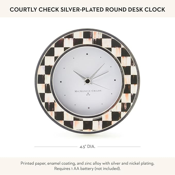 MACKENZIE-CHILDS Silver-Plated Round Desk Clock, Decorative Clock for Living Room, Kitchen, or Office, Black-and-White Courtly Check