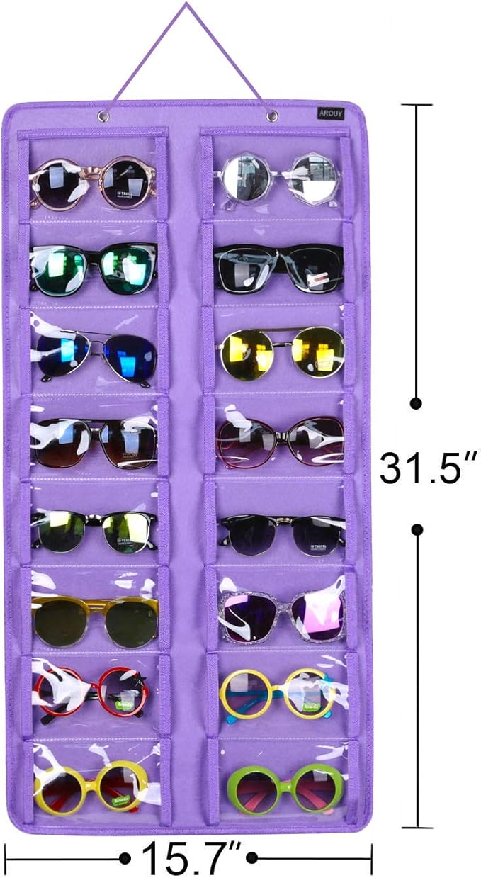 AROUY Sunglasses Organizer Storage, Hanging Dust Proof Wall Pocket Glasses Organizer - 16 Felt Slots Sunglass Organizer Holder with Metal Hook and Sturdy Rope (Dust Proof, Purple)