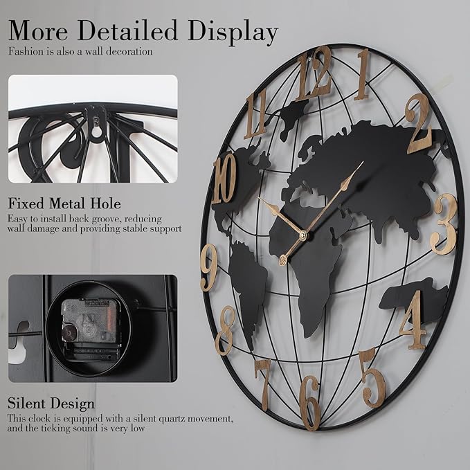 World Map Wall Clock, Black and Gold Vintage Luxury with Metal Frame, Retro Geographic Art for Living Room, Study, Travel Theme Decor, 24 Inch